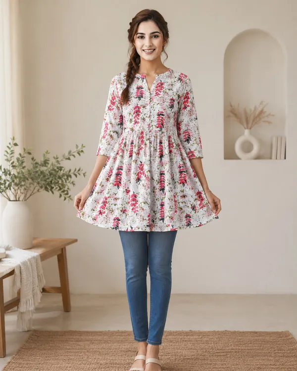 ANARKALI PATTERN SHORT KURTI WITH PINK LEAF PATTERN FOR WOMEN'S DAILY WEAR 